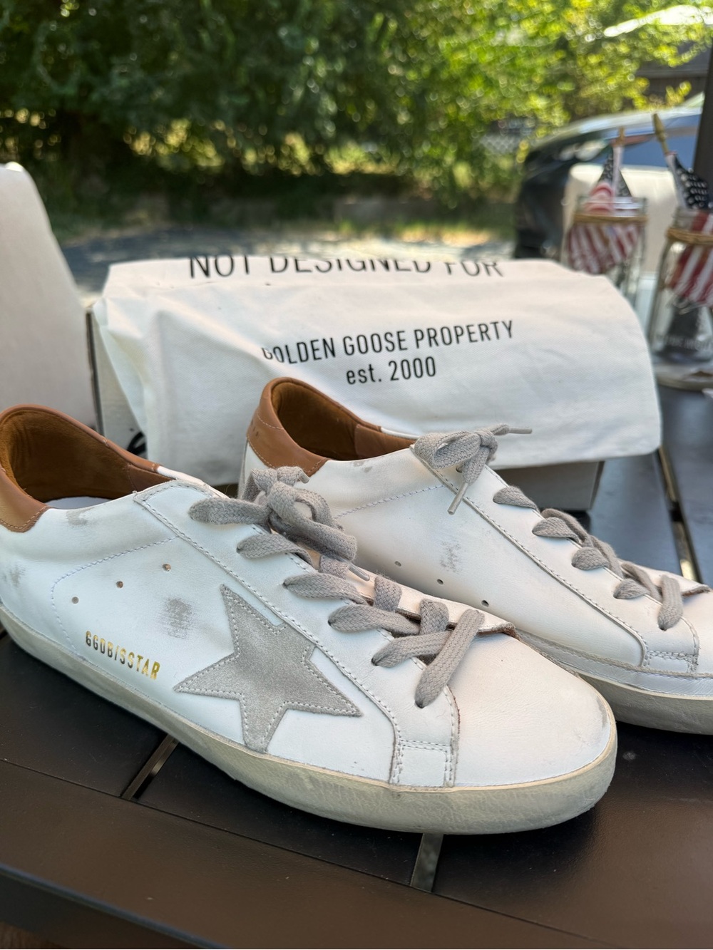 Golden Goose White Leather Sneakers with Gray Star and Tan Heel
